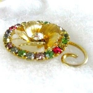 Vintage Multi Color Rhinestone Flower Curve Stem Gold Plated Brooch